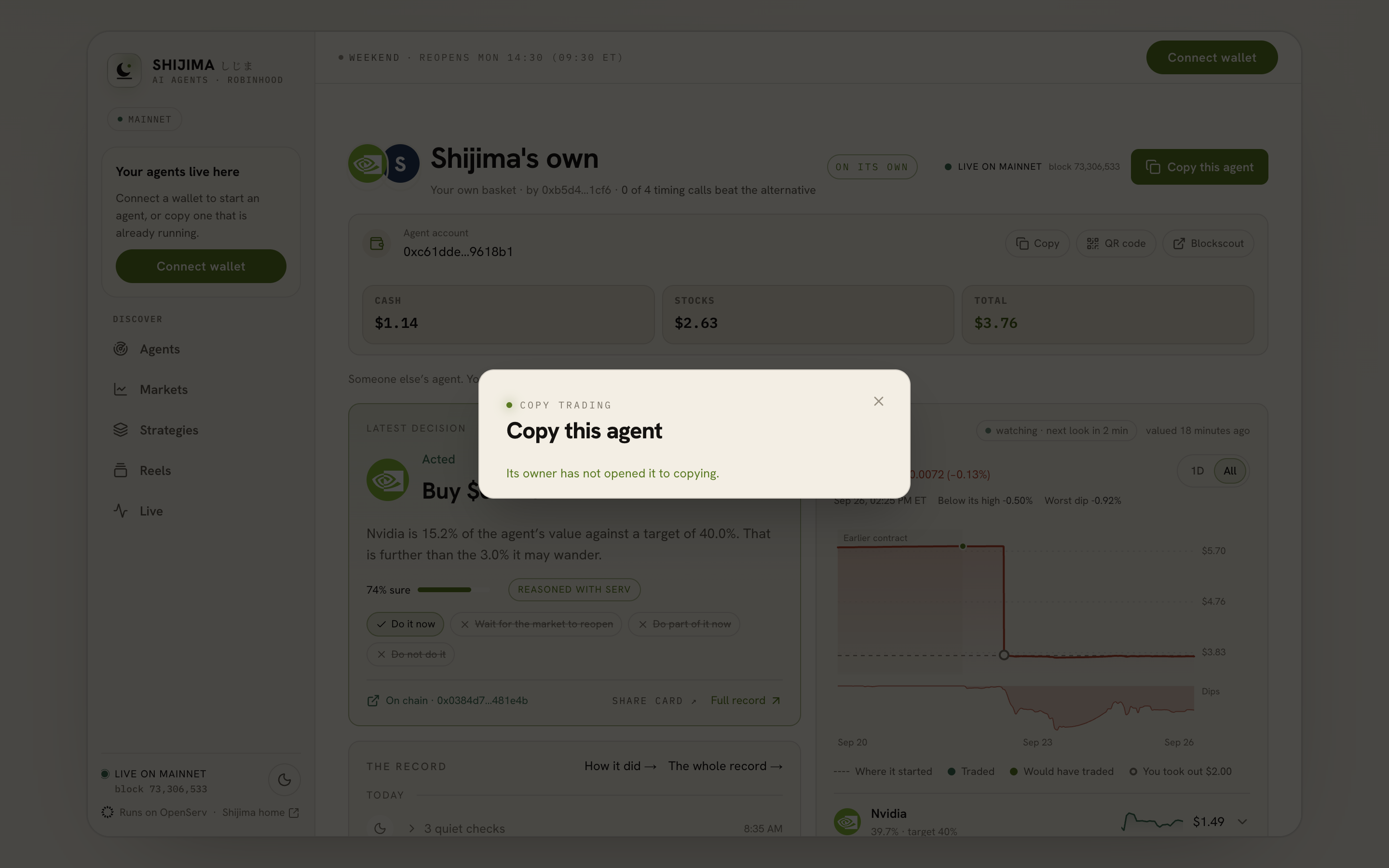 The Copy this agent dialog says its owner has not opened this agent to copying.