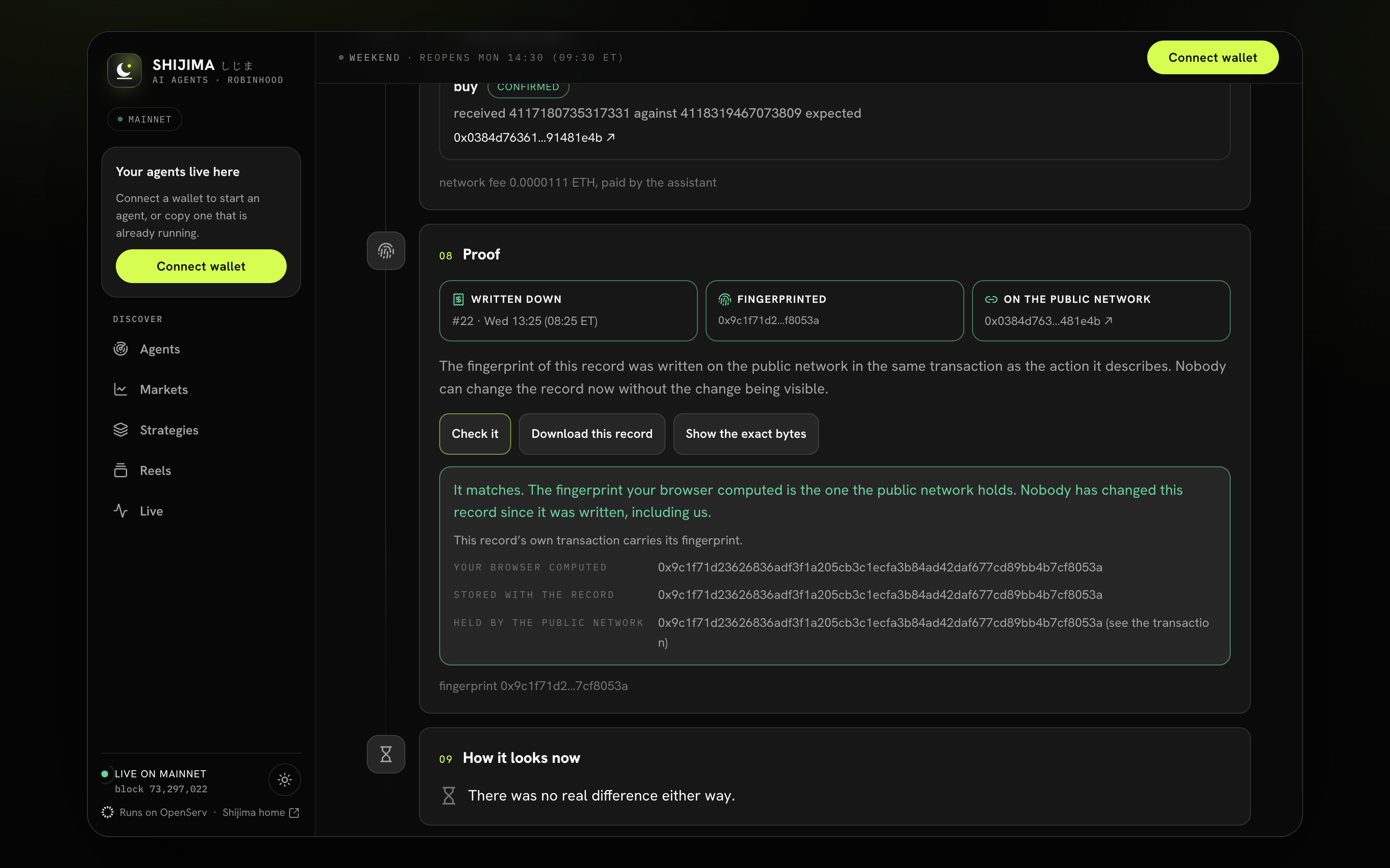 A decision's Proof section shows that the browser-computed fingerprint matches the stored record and public network.