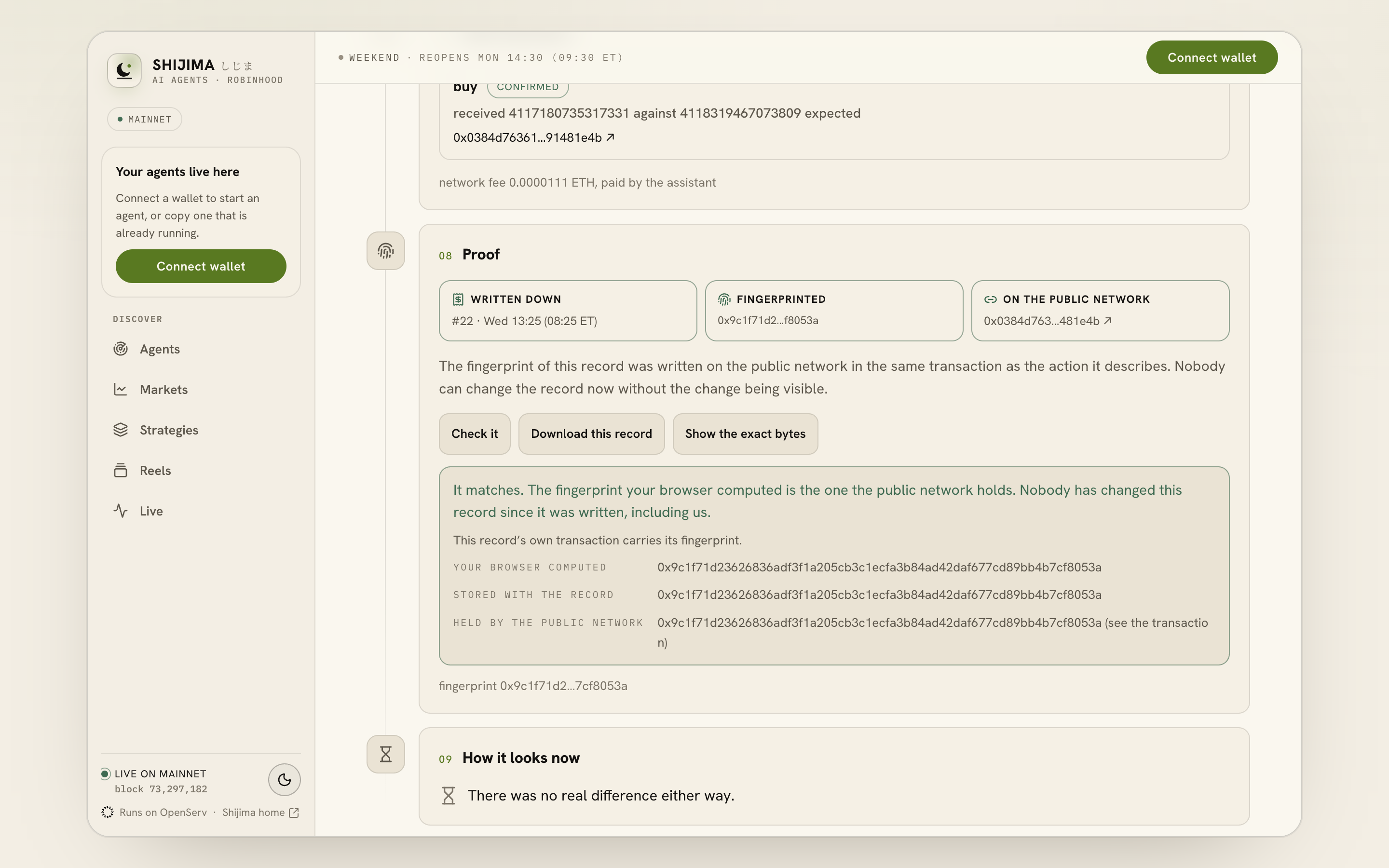 A decision's Proof section shows that the browser-computed fingerprint matches the stored record and public network.