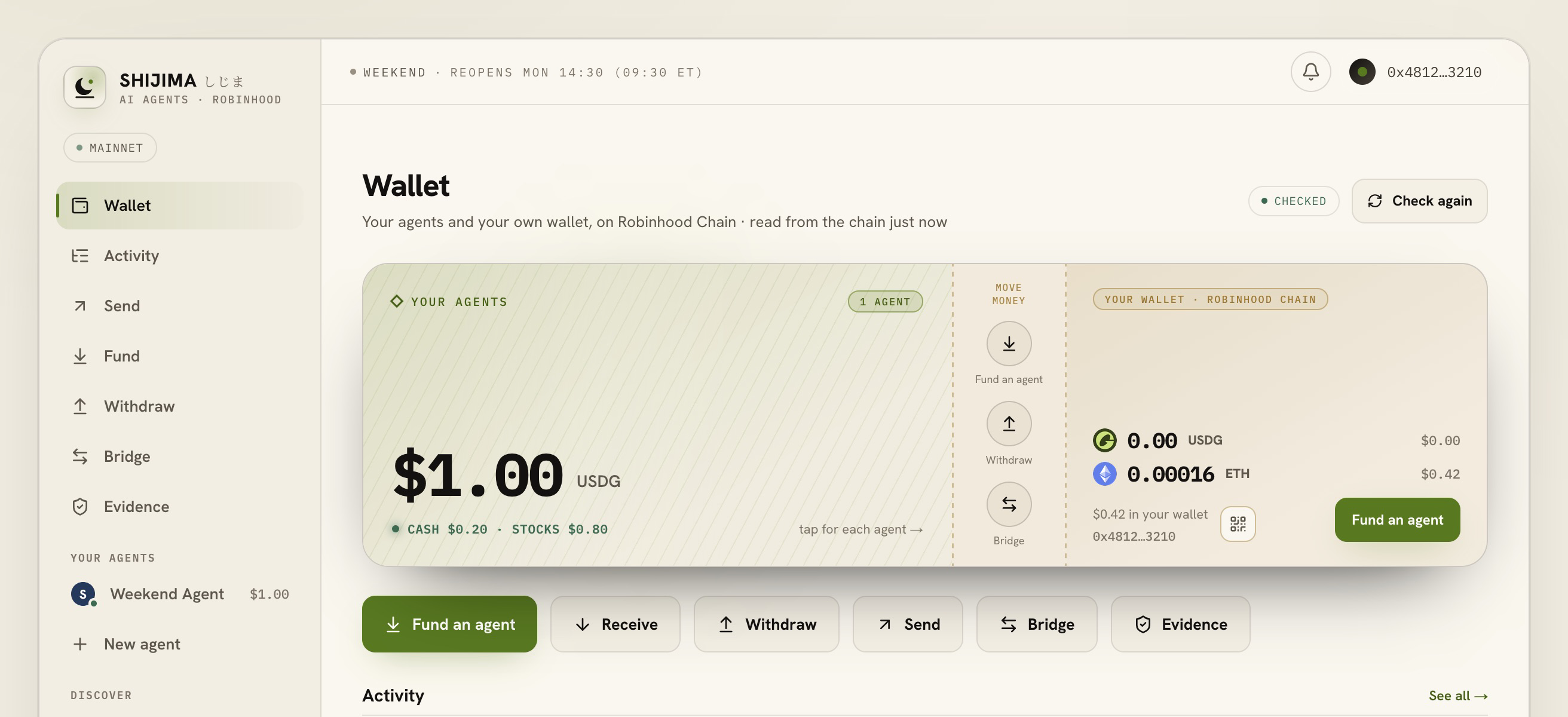 A connected wallet shows one agent's holdings beside the wallet's USDG and ETH balances.