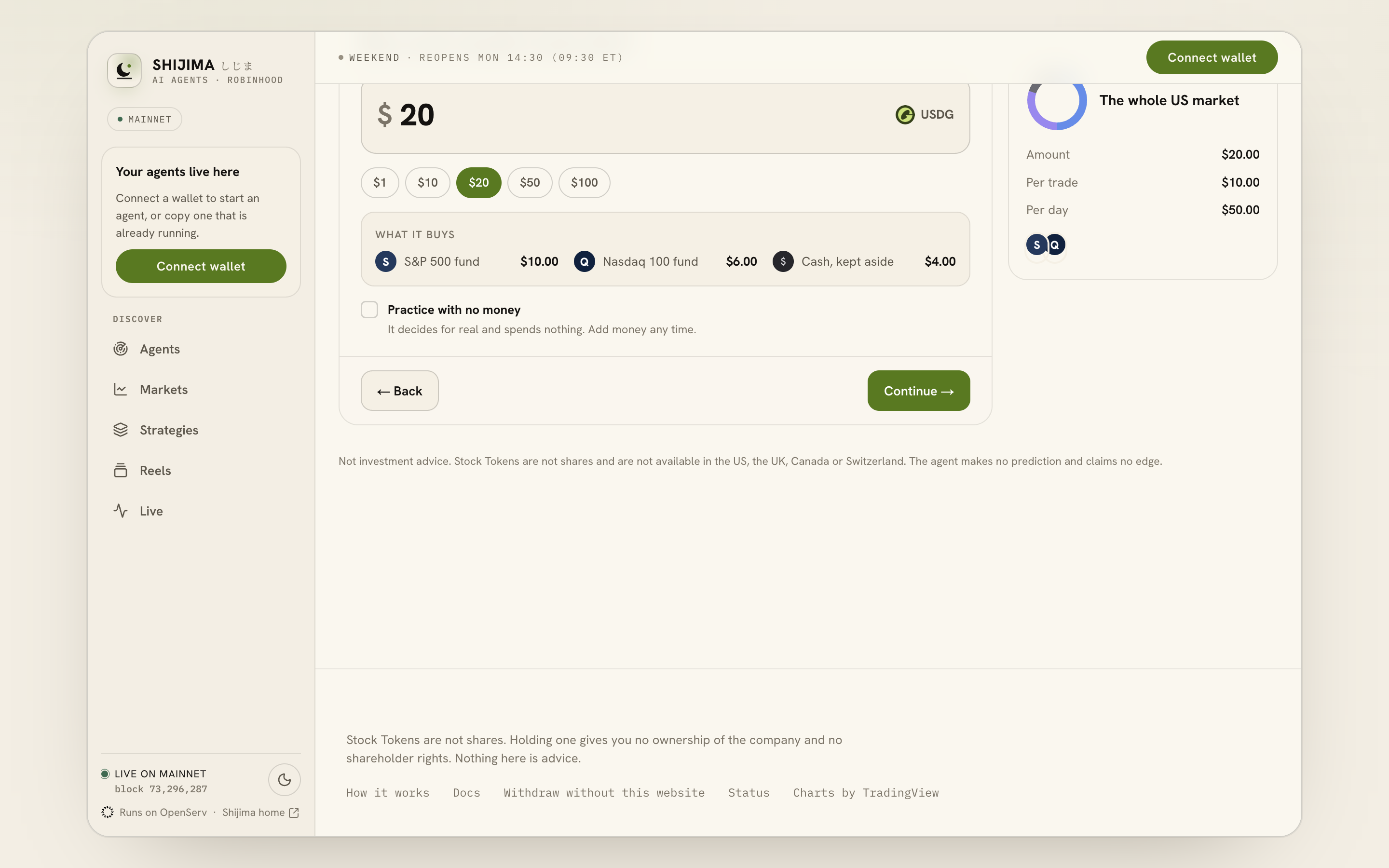 The Amount step shows a $20 amount, quick picks and the dollar split between two funds and cash.