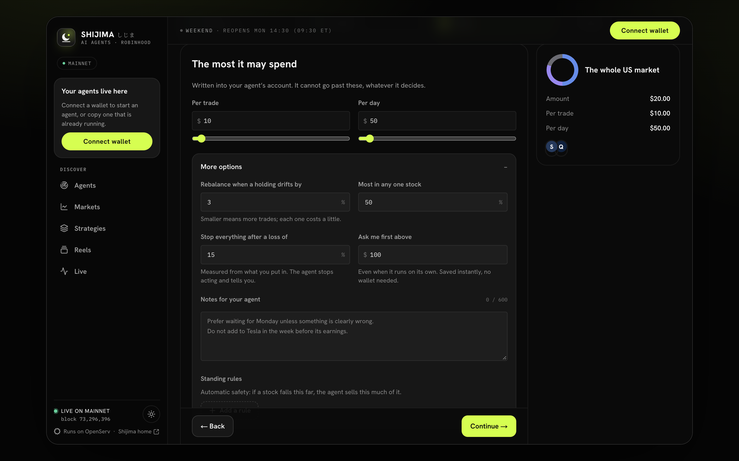 The Limits step shows the per-trade and per-day amounts with More options expanded.