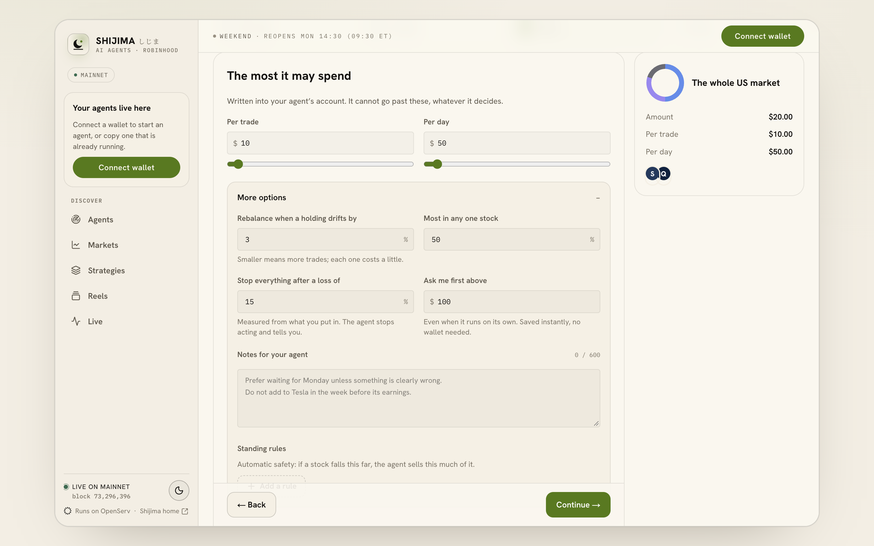 The Limits step shows the per-trade and per-day amounts with More options expanded.