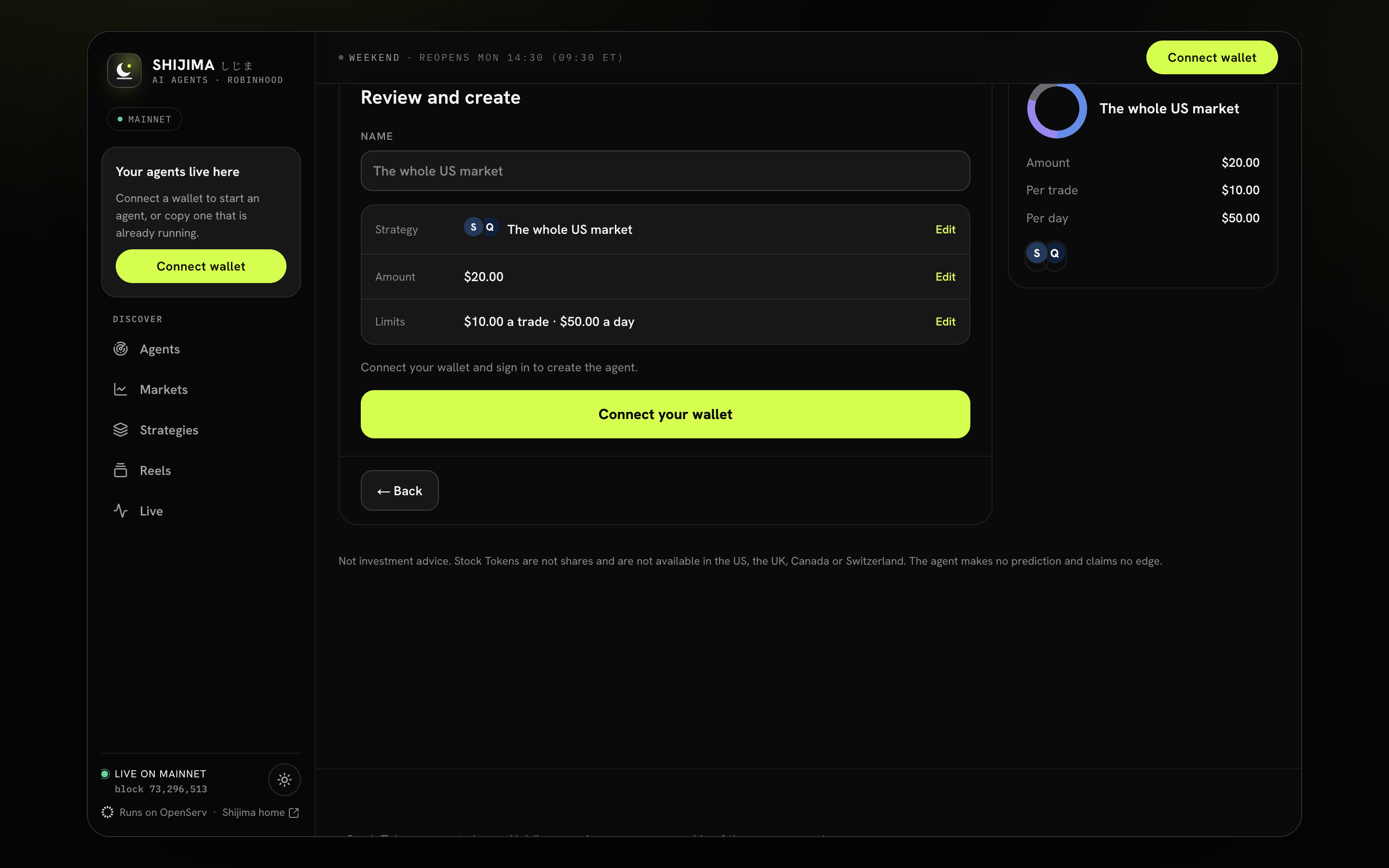 The Review step summarises the strategy, amount and limits and asks the visitor to connect a wallet.