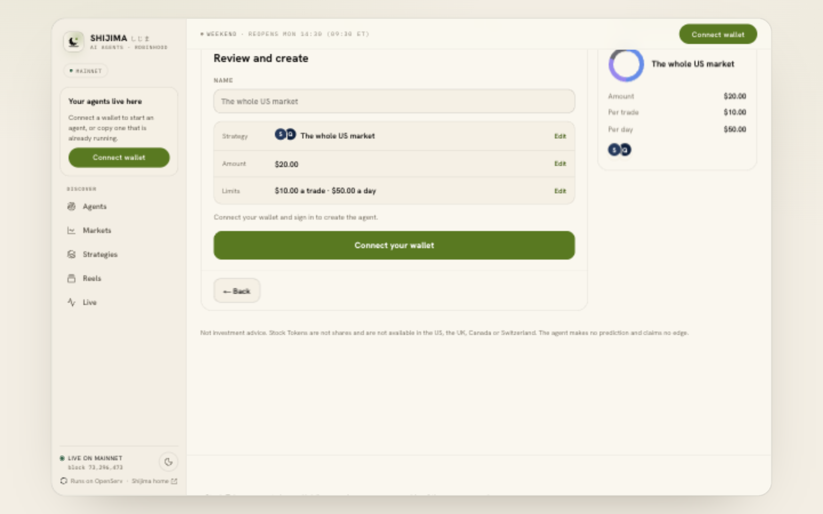 The Review step summarises the strategy, amount and limits and asks the visitor to connect a wallet.
