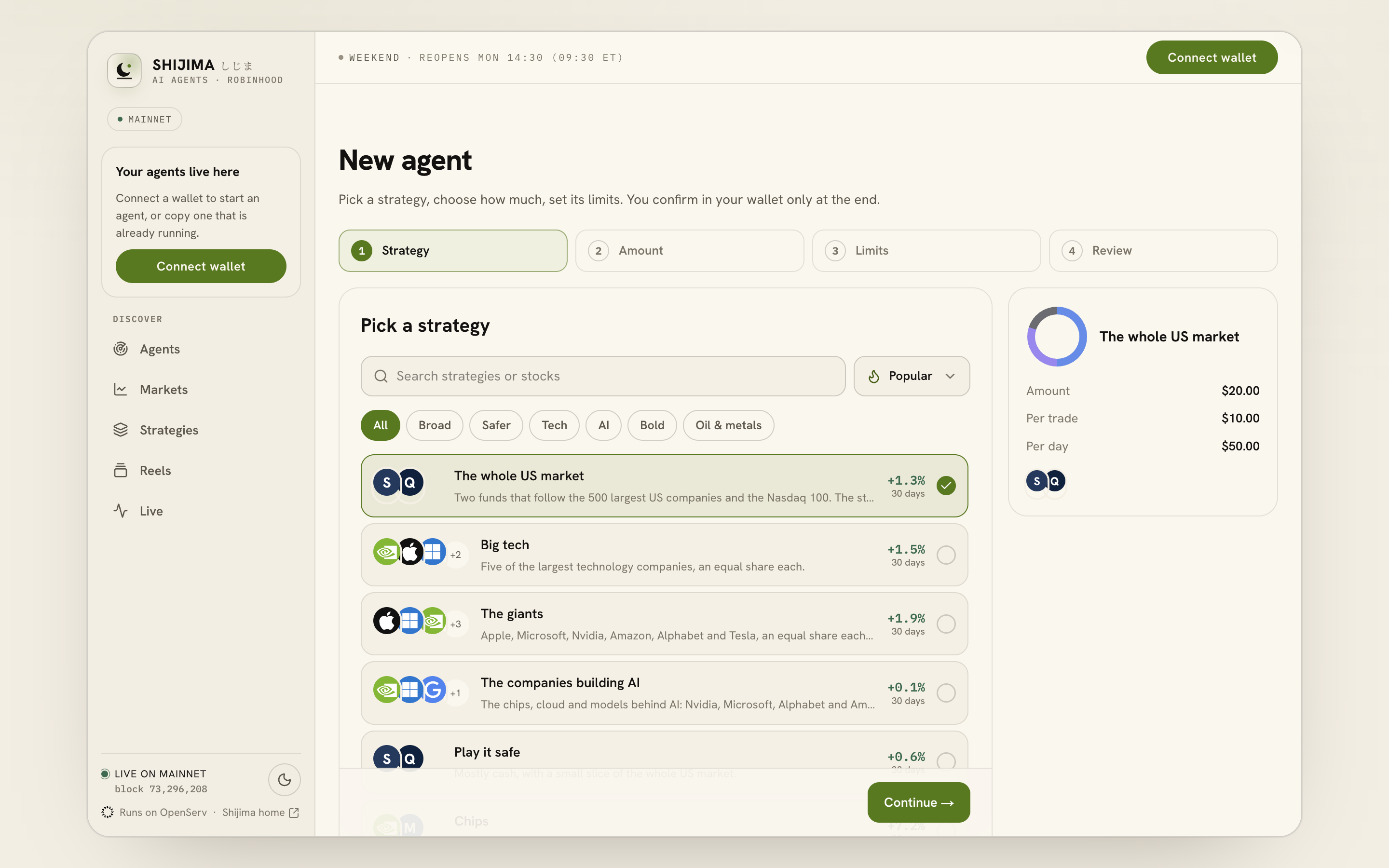 The Strategy step shows searchable baskets, filters, a selected basket and its summary.