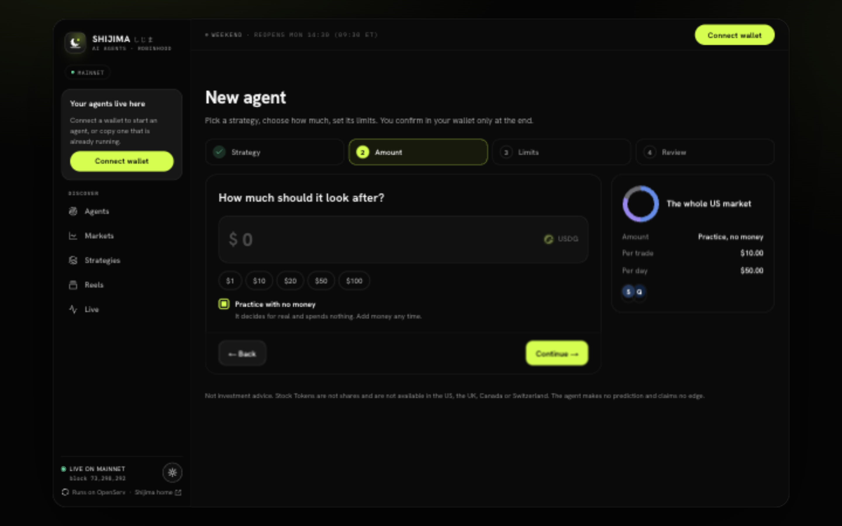 The Amount step has Practice with no money selected and shows the agent starting with no deposit.