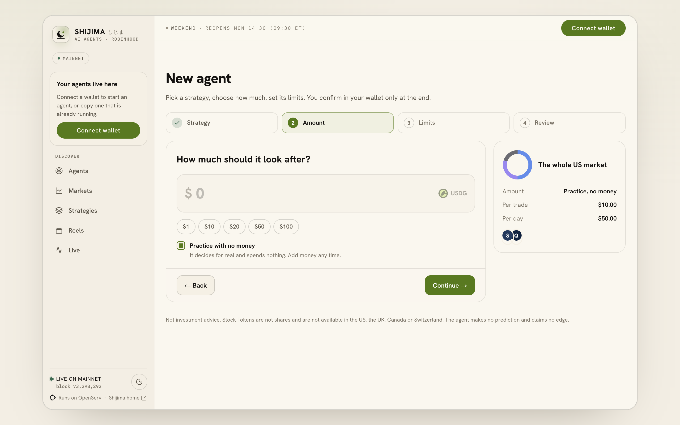 The Amount step has Practice with no money selected and shows the agent starting with no deposit.