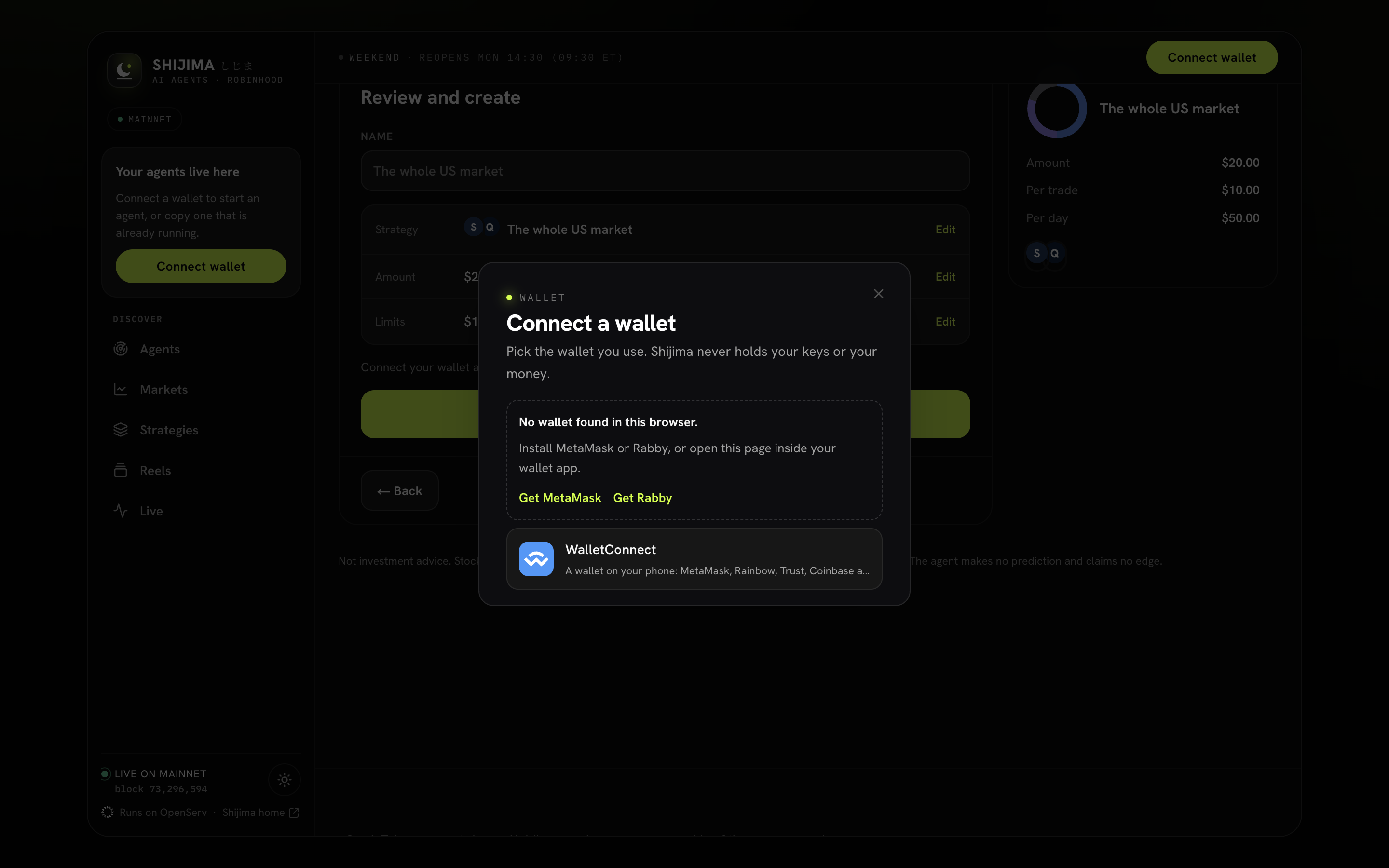 The Connect a wallet picker says no wallet was found in this browser and offers MetaMask, Rabby and WalletConnect.