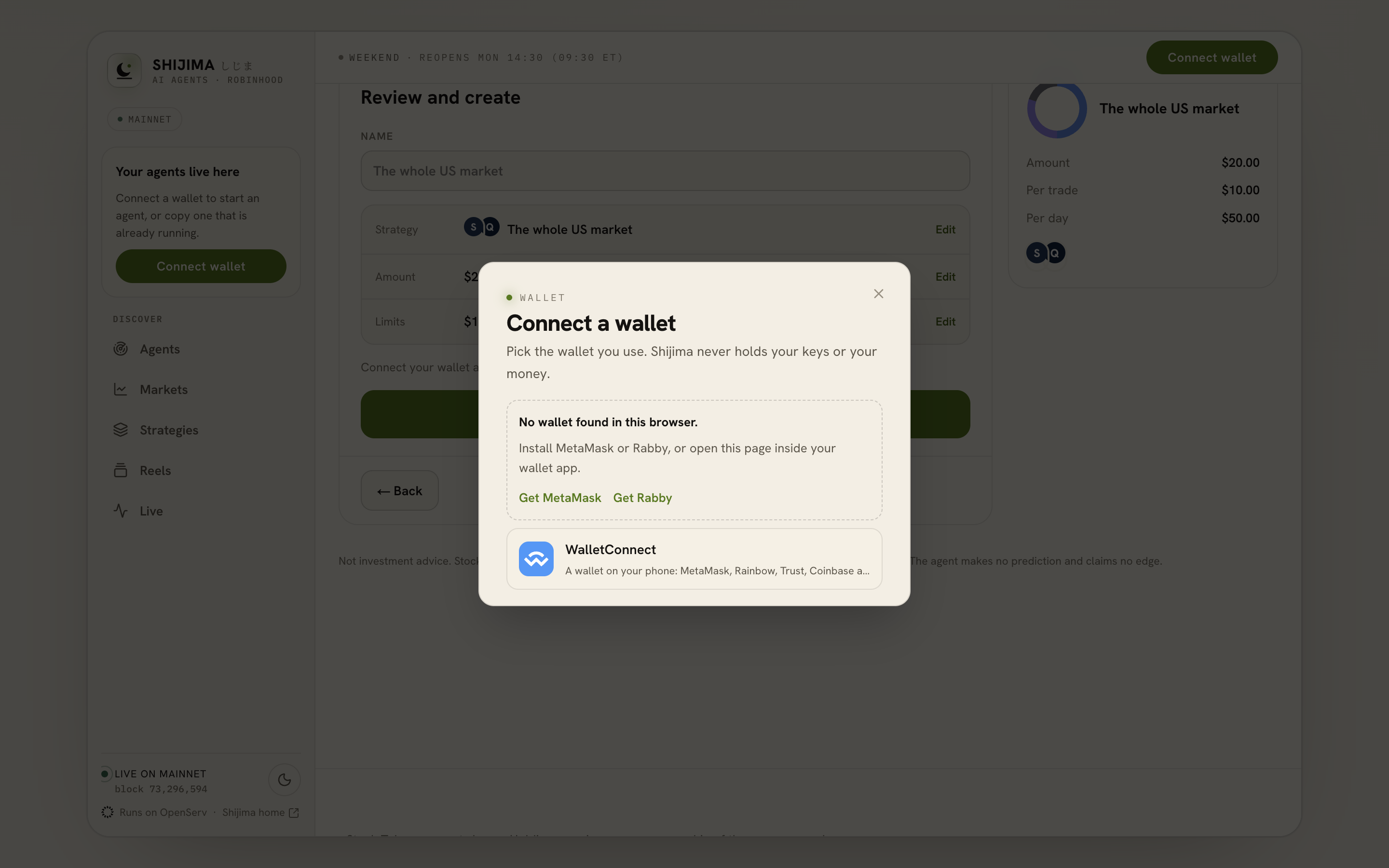 The Connect a wallet picker says no wallet was found in this browser and offers MetaMask, Rabby and WalletConnect.